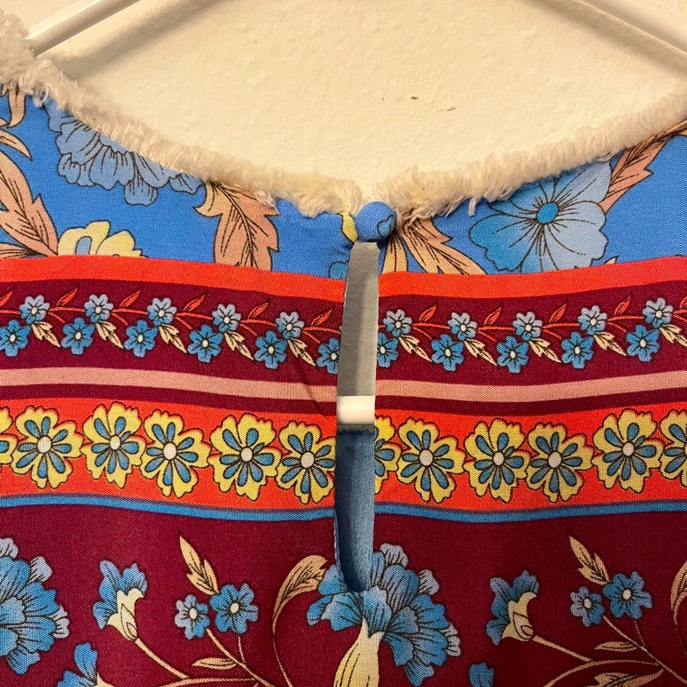 THML Anthropologie Blue Floral Fringed Trim Ruffled Cap Sleeve Short Dress - Picture 3 of 4